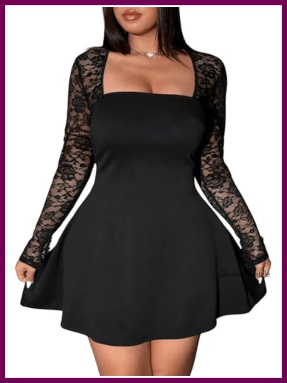 Plus Size Lace Sheer Long Sleeve Square Neck Mini Dress
